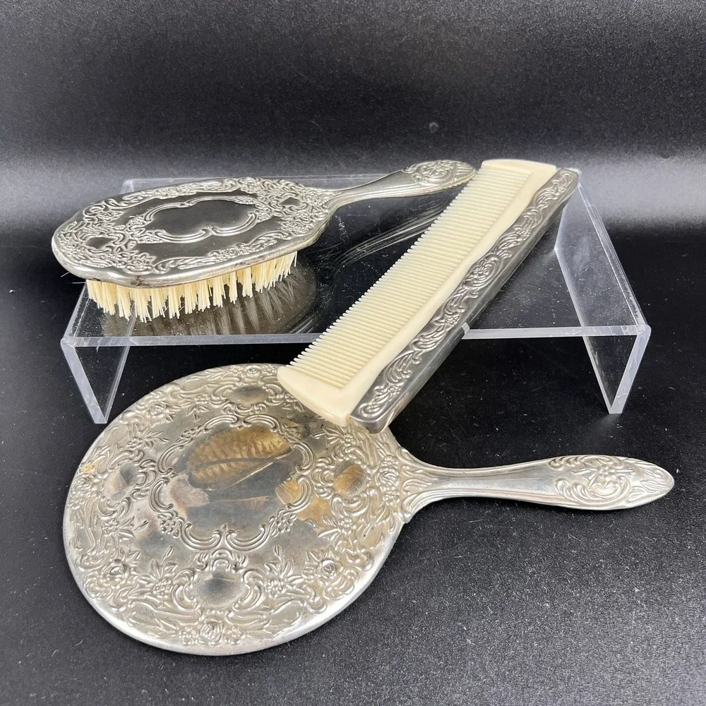 Vtg Silver Plated Vanity Set Hand Mirror, Hair Brush & Comb, Heavy Appx 70 Yrs